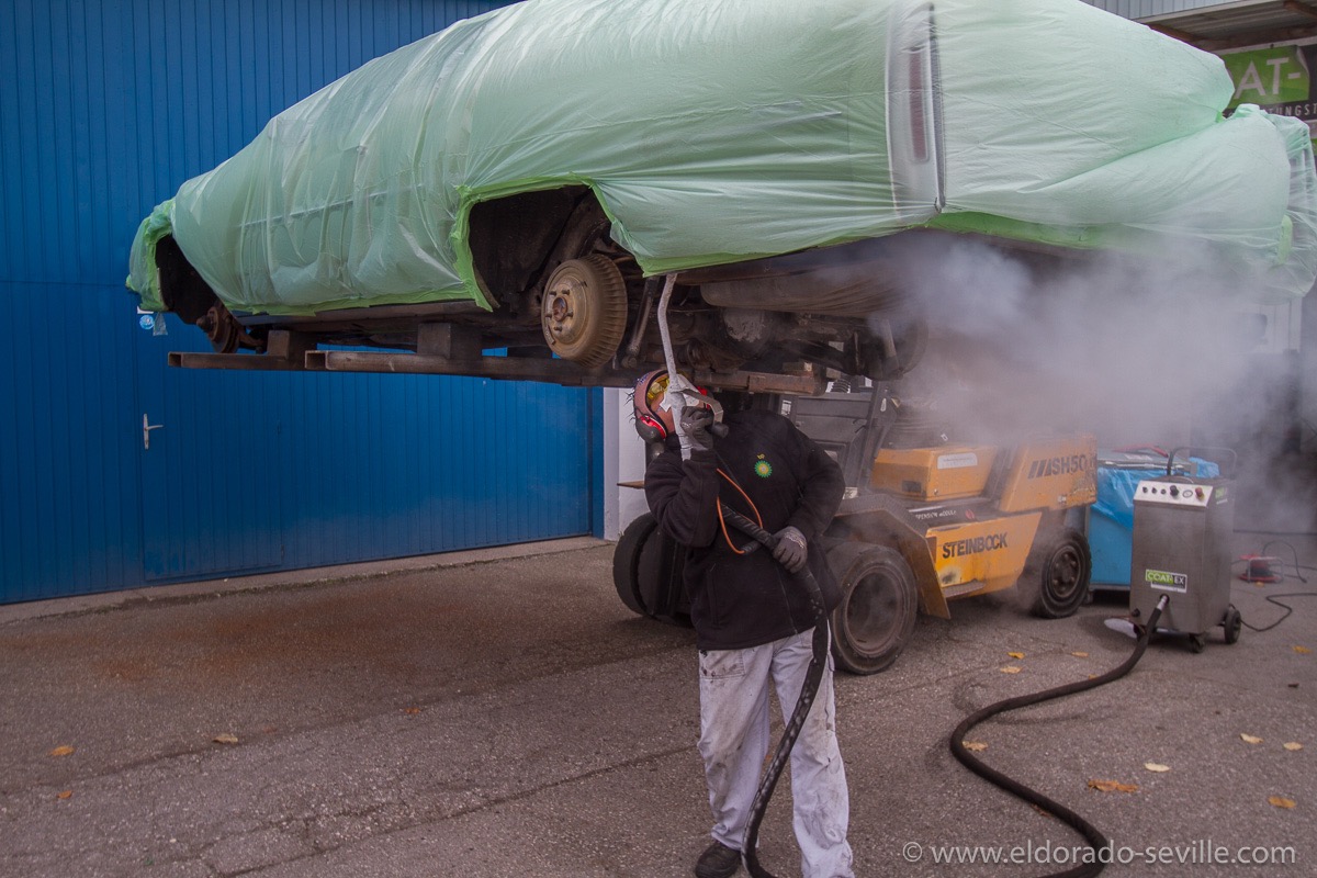 I had the undercarriage dry ice blasted to remove all the undercoating