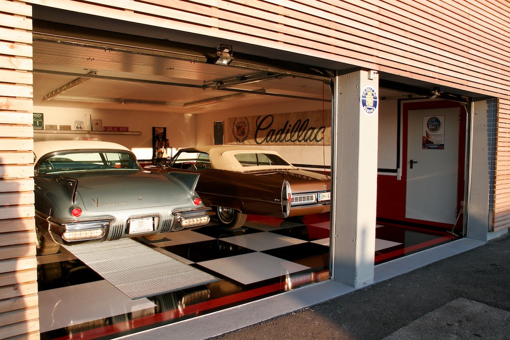 the evening sun shines into the garage